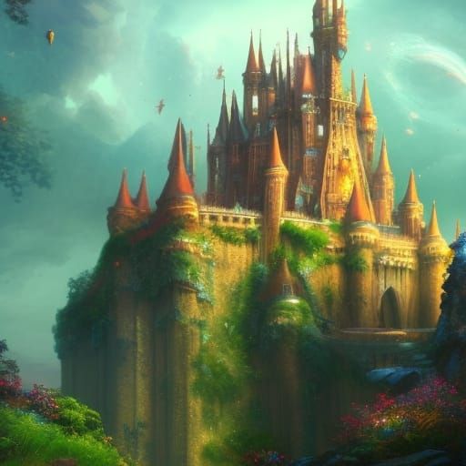 Mystical Castle in Starry Fantasy Landscape