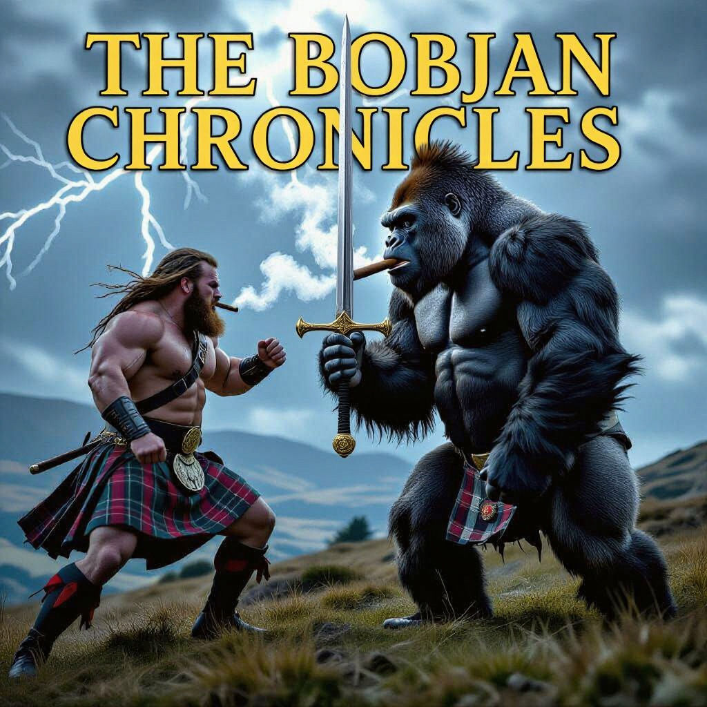 Gorilla Smoking Cigar Fights Highlander on Hill