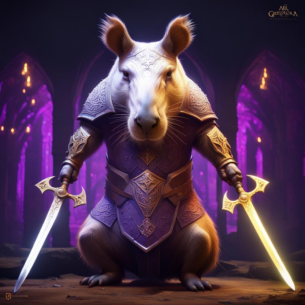 Armored Capybara with Swords in Dark Fantasy Style