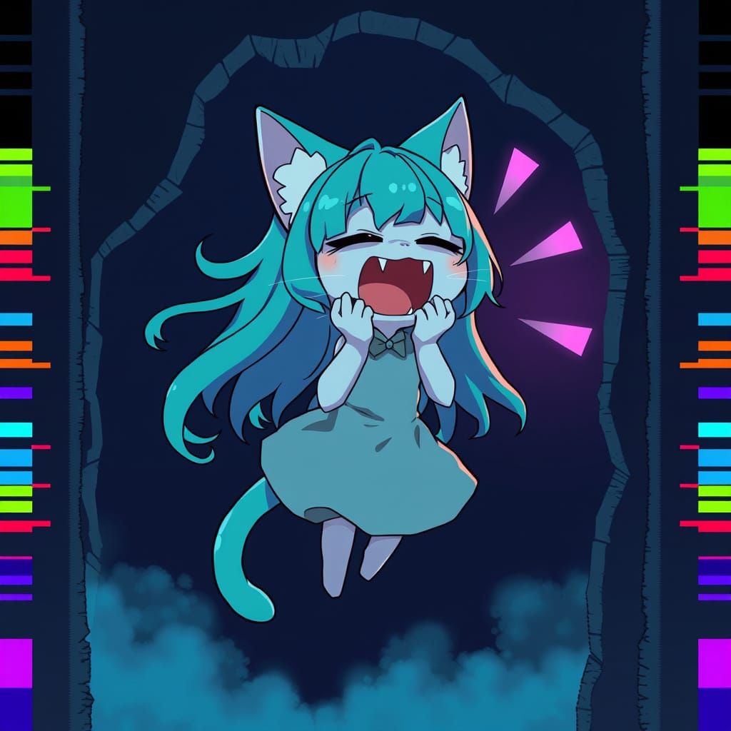 Spooky Synthwave Anime Catgirl Shouting in Haunted Wall