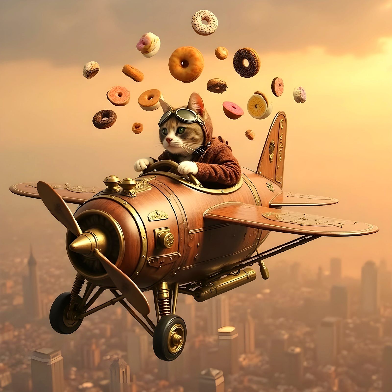 Tiny Pearl Cat Drops Donuts Over Steampunk City