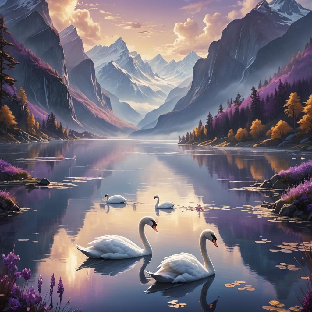 Fantasy Swans on White Lake: Detailed Matte Painting