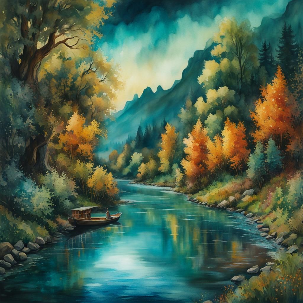 Turquoise River: Whimsical Watercolour Fantasy
