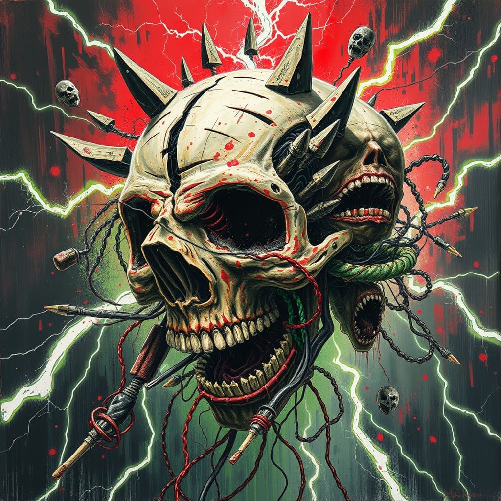 Shattered Skull Eruption in Dark Surrealist Style