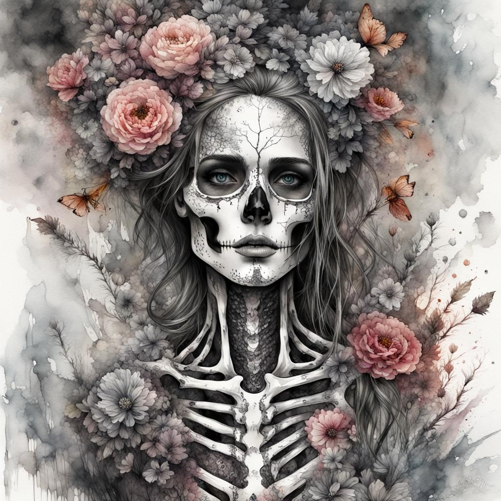 Floral Skeleton in Watercolor Fantasy Art