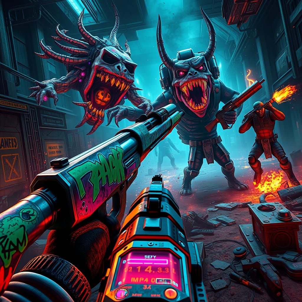 Post-Apocalyptic FPS Scene with Neon-Lit Shotgun