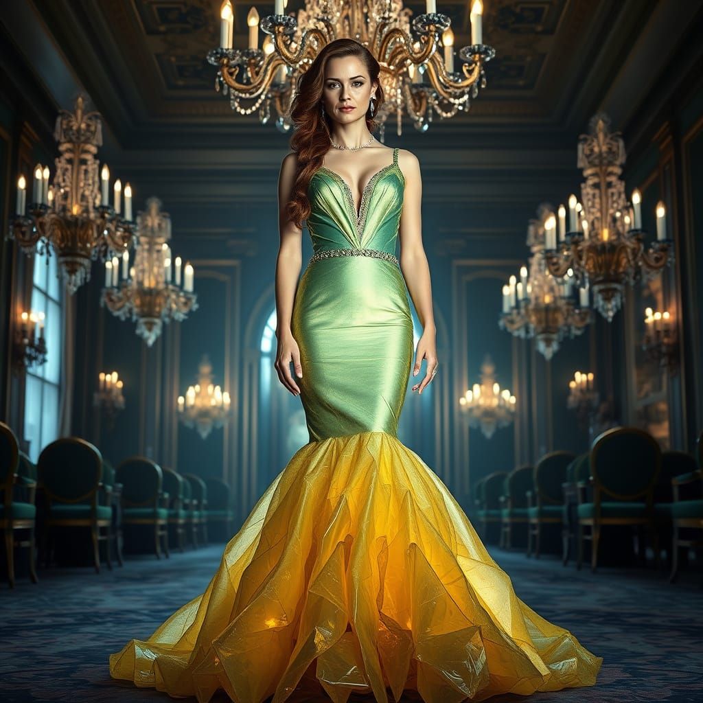 Woman in Iridescent Crystal Geodes Gown with Ombre Effect an...