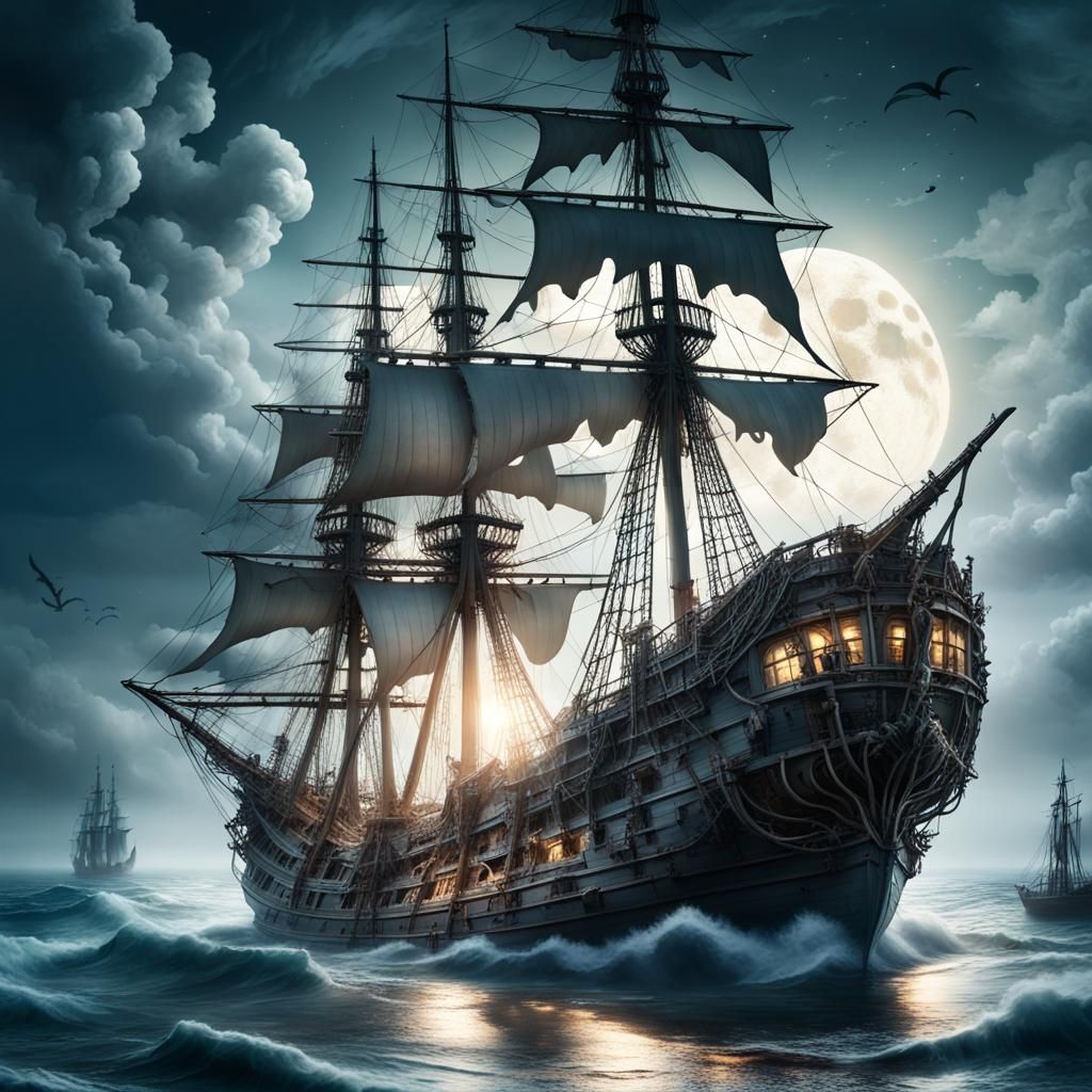 Ghost Ship Sailing Under Moonlight: Digital Matte Painting