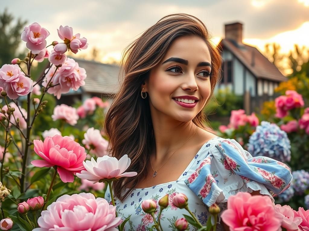 Floral Garden Portrait in Dreamy Impressionistic Style