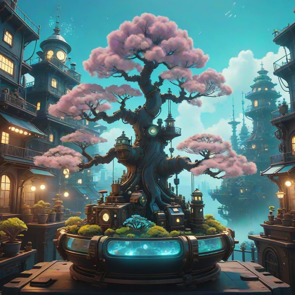 Bioluminescent Bonsai in Steampunk City: Digital Art