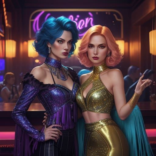 Glamorous 80s Figure in Neon Art Nouveau Bar