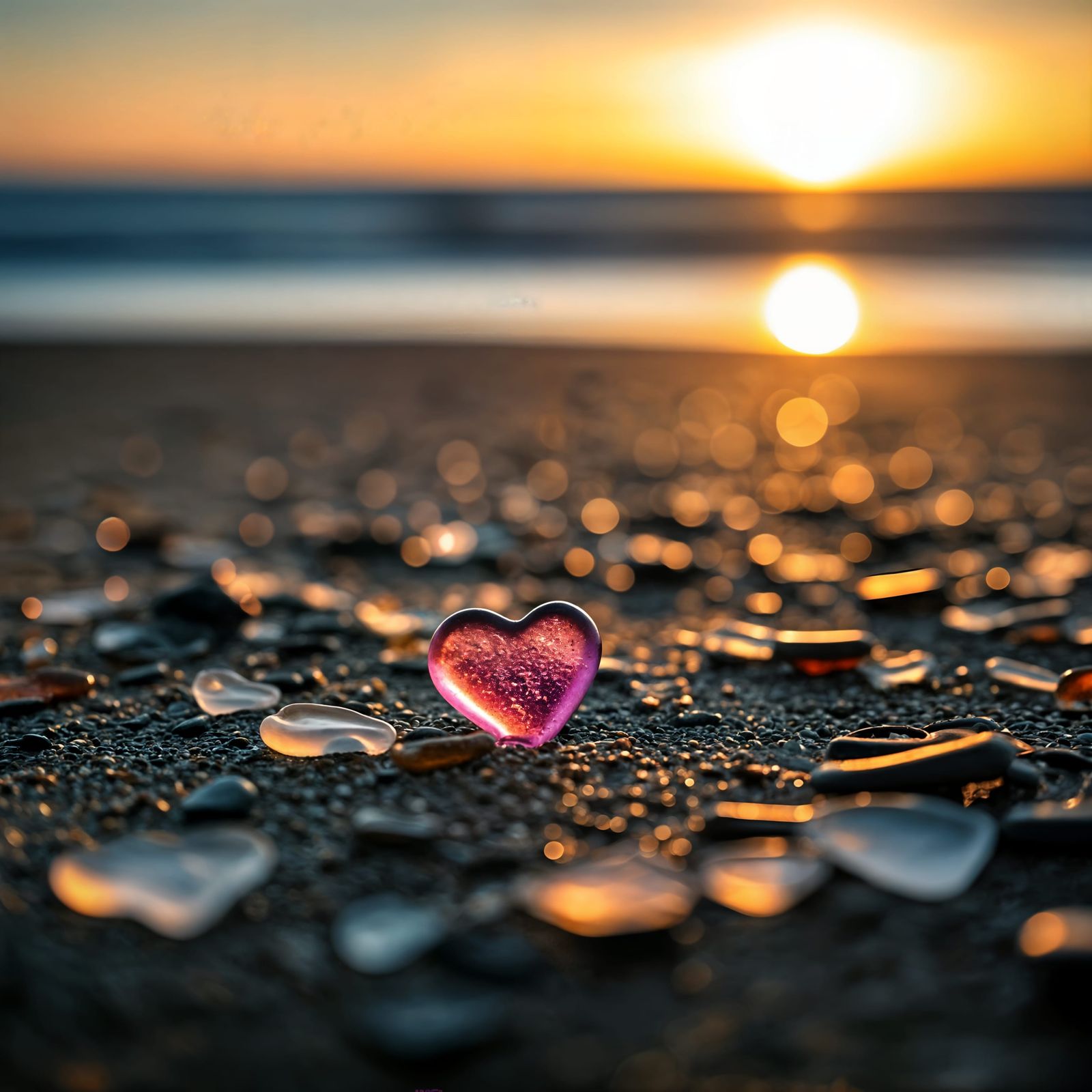 Pink Heart Sea Glass on Moody Beach Sunset