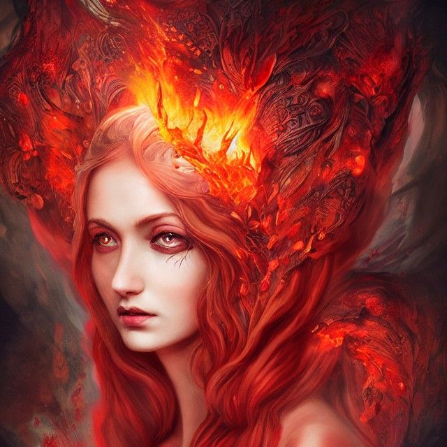 Fire Goddess in Blood Magic Ruins as Oil Painting