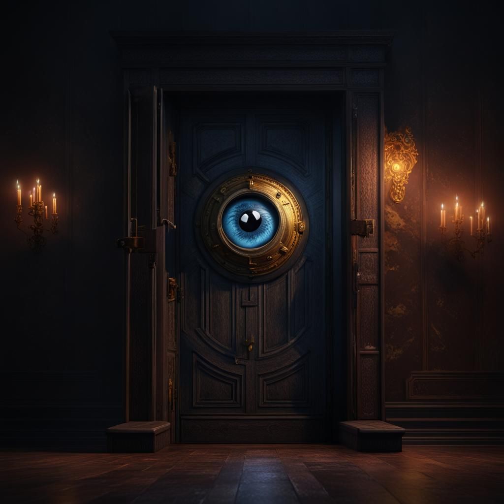 Giant Eye Peeking Through Doorway, Detailed Matte Painting