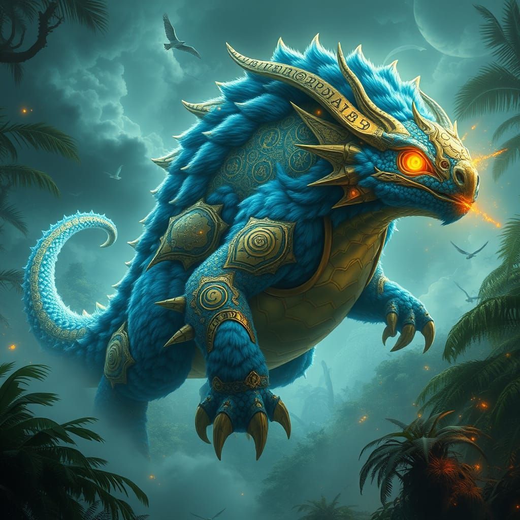 Cyberpunk Mythical Creature Embarks on Ancient Jungle Quest