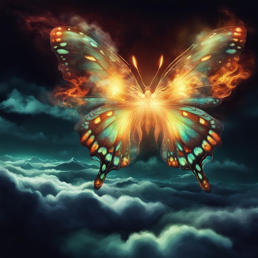 Flaming Magical Butterfly Over Ethereal Clouds