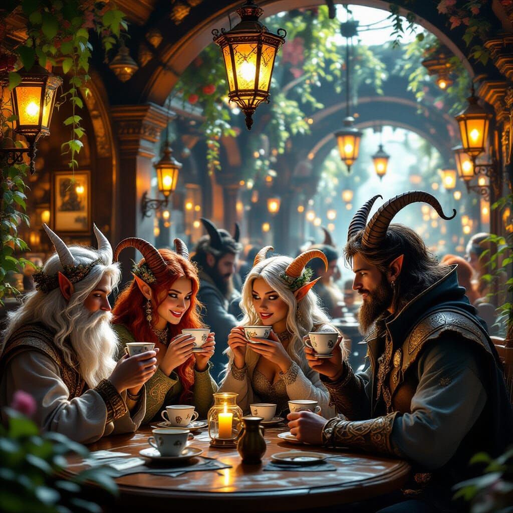 Enchanted Cafe With Mythological Creatures Sip Coffee
