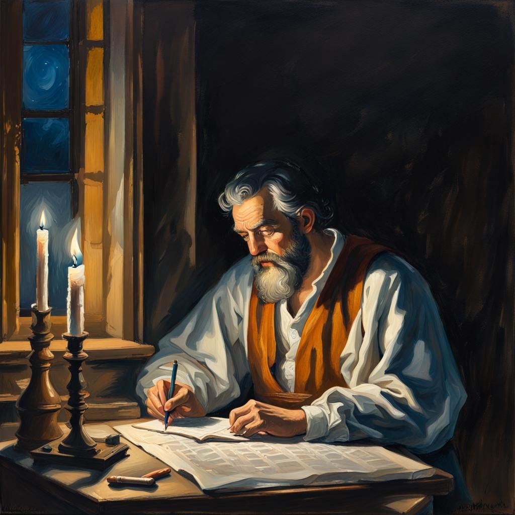 Apostle Paul Writing Manuscript: Gouache Impressionist Paint...