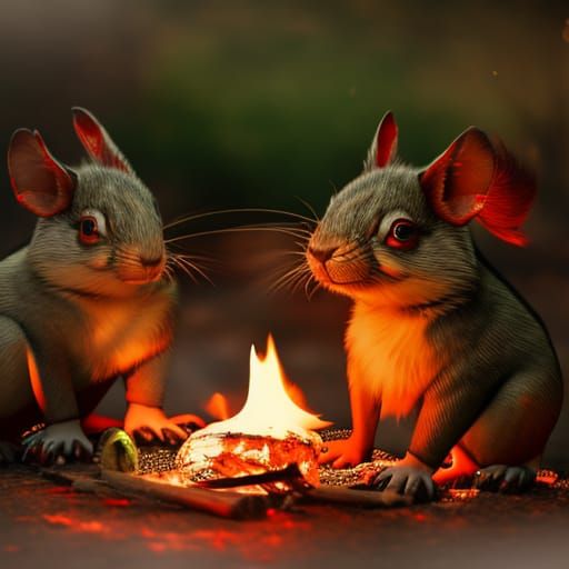 Squirrels Cooking by Campfire in Woods