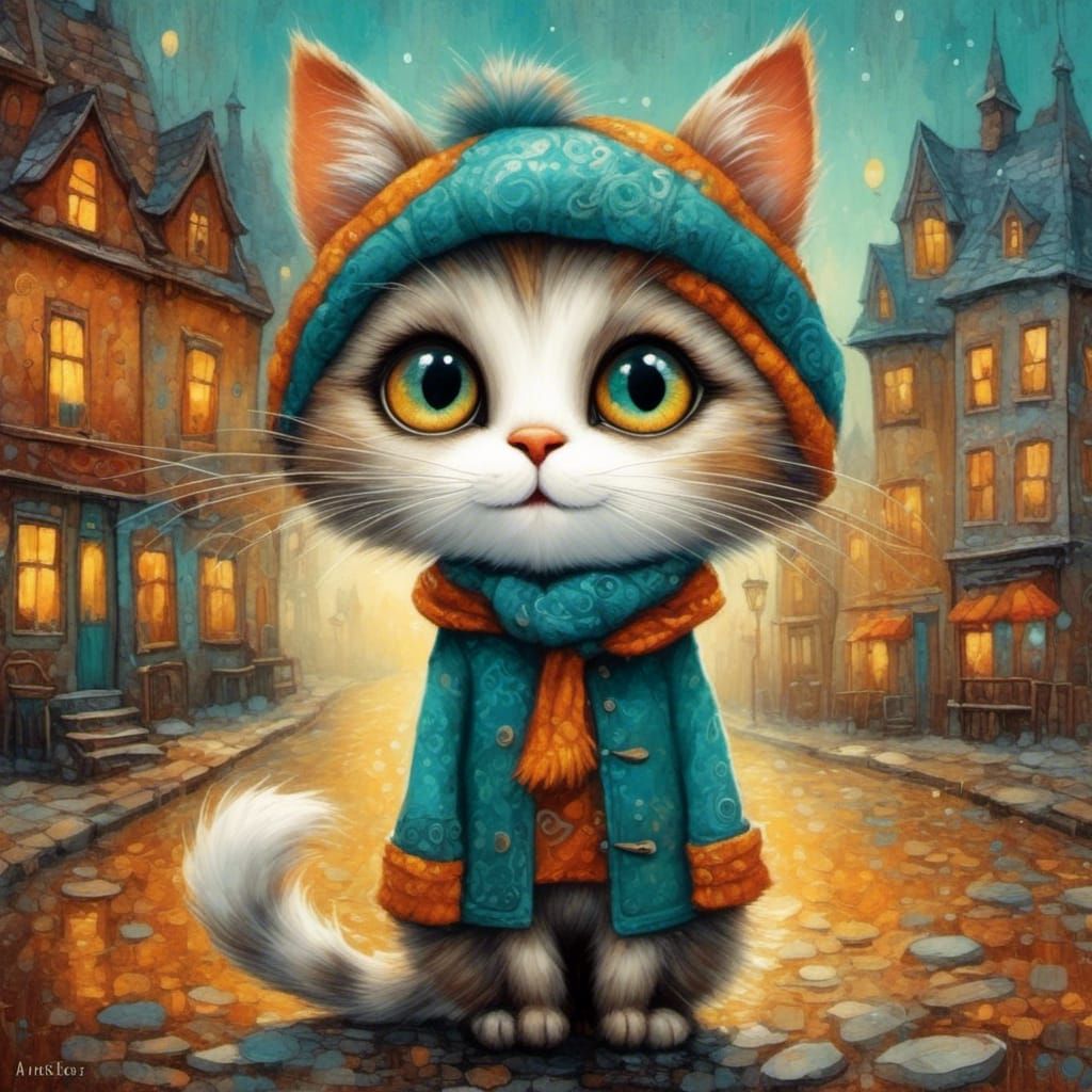 Whimsical Cat with Giant Eyes in Ghost Town