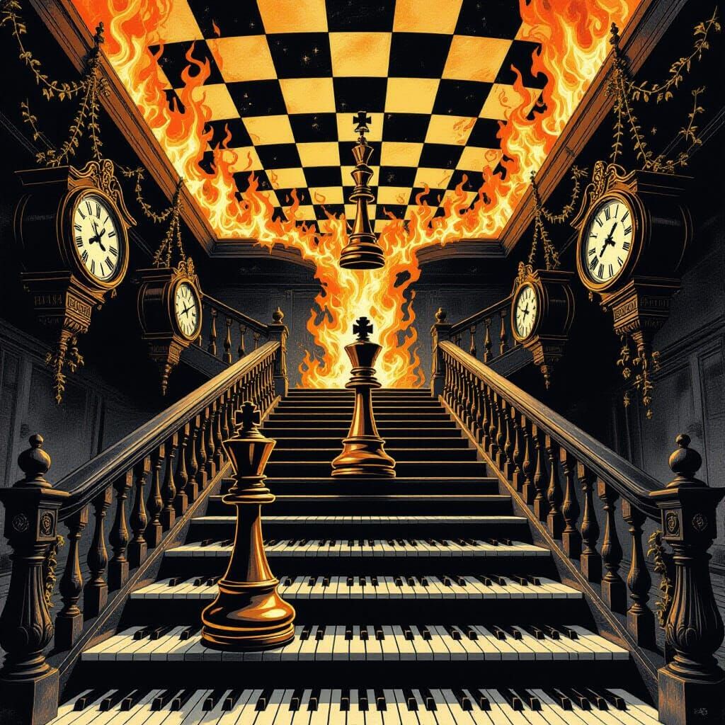 Chess Queen Ascends Piano Key Staircase in Charcoal Drawing