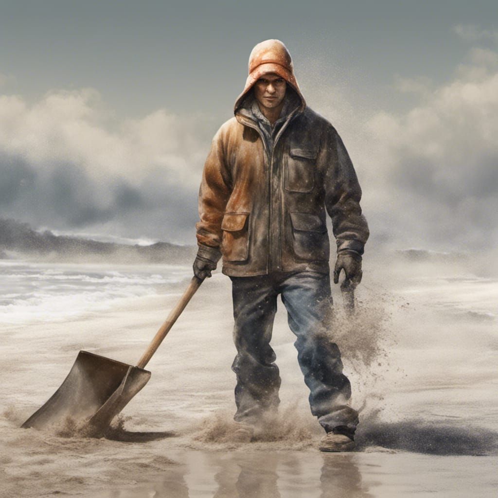 Humorous Beach Scene: Winter Outfit in Summer Heat