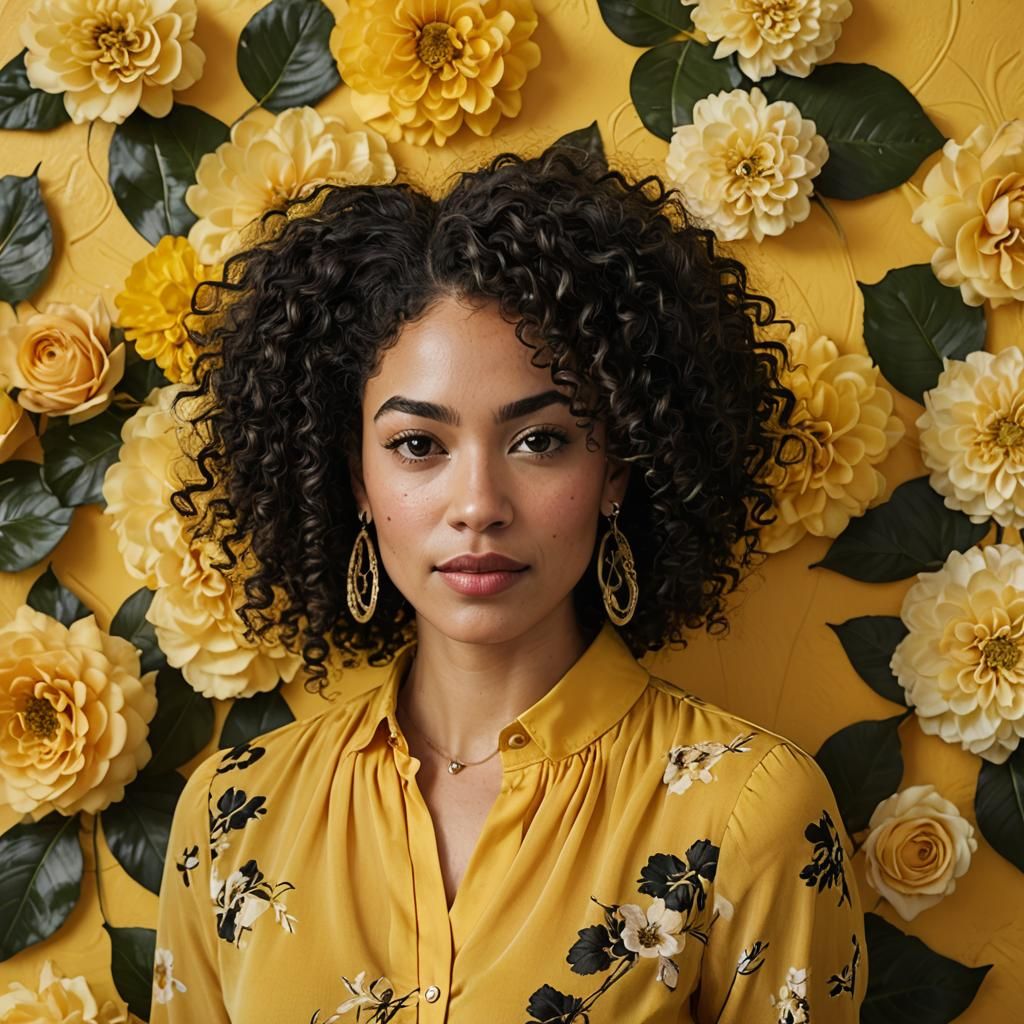 Portrait of a young mixed race woman, she has curly ebony bl...