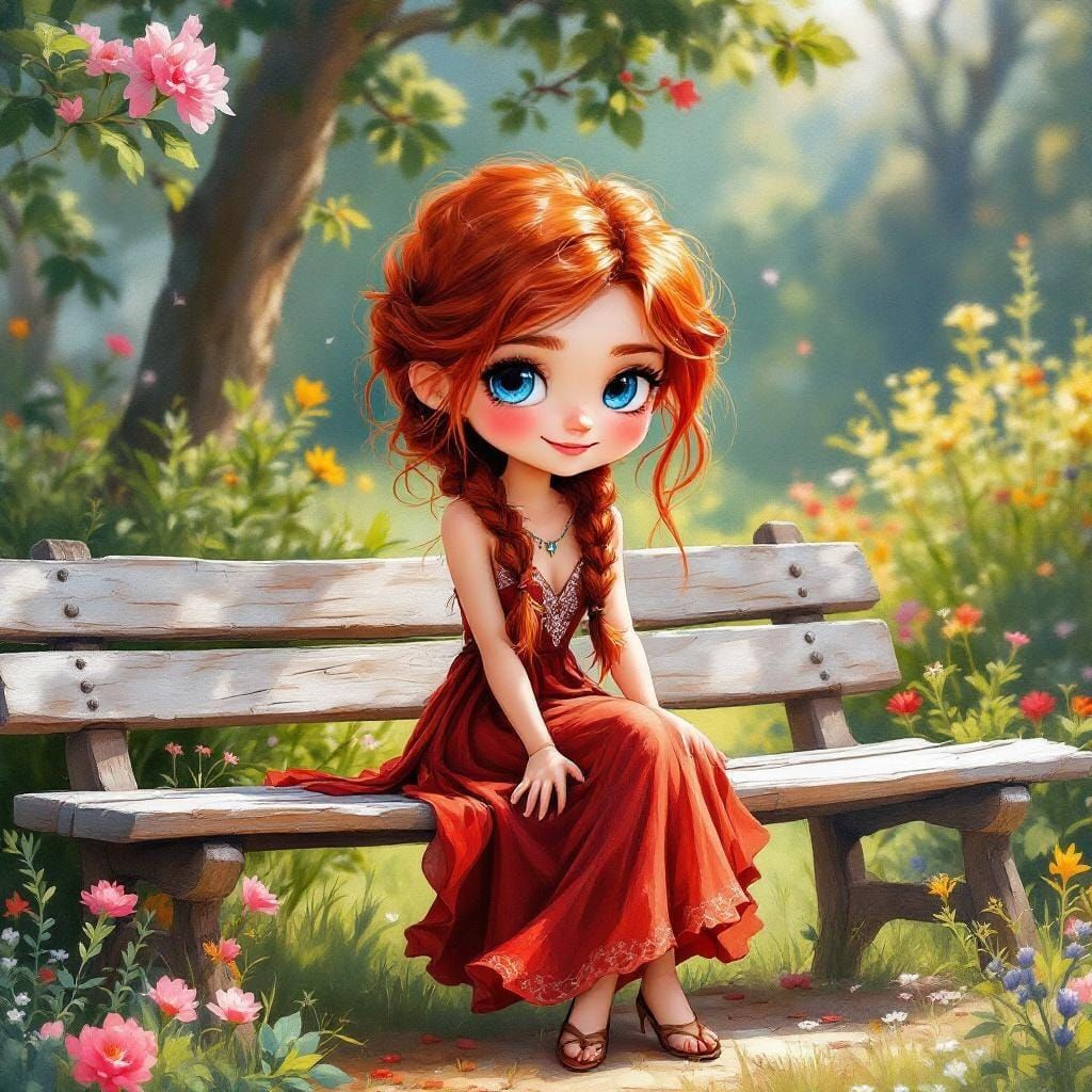 Charming Chibi Woman in Garden, Gouache Impressionist Style