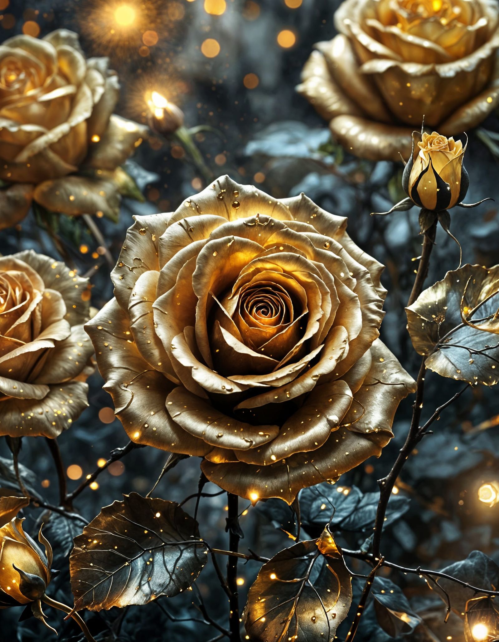 Rainbow Rose with Gold Accents in Ethereal Style