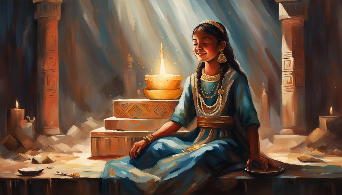 Beatific Girl on Altar in Abstract Art Style