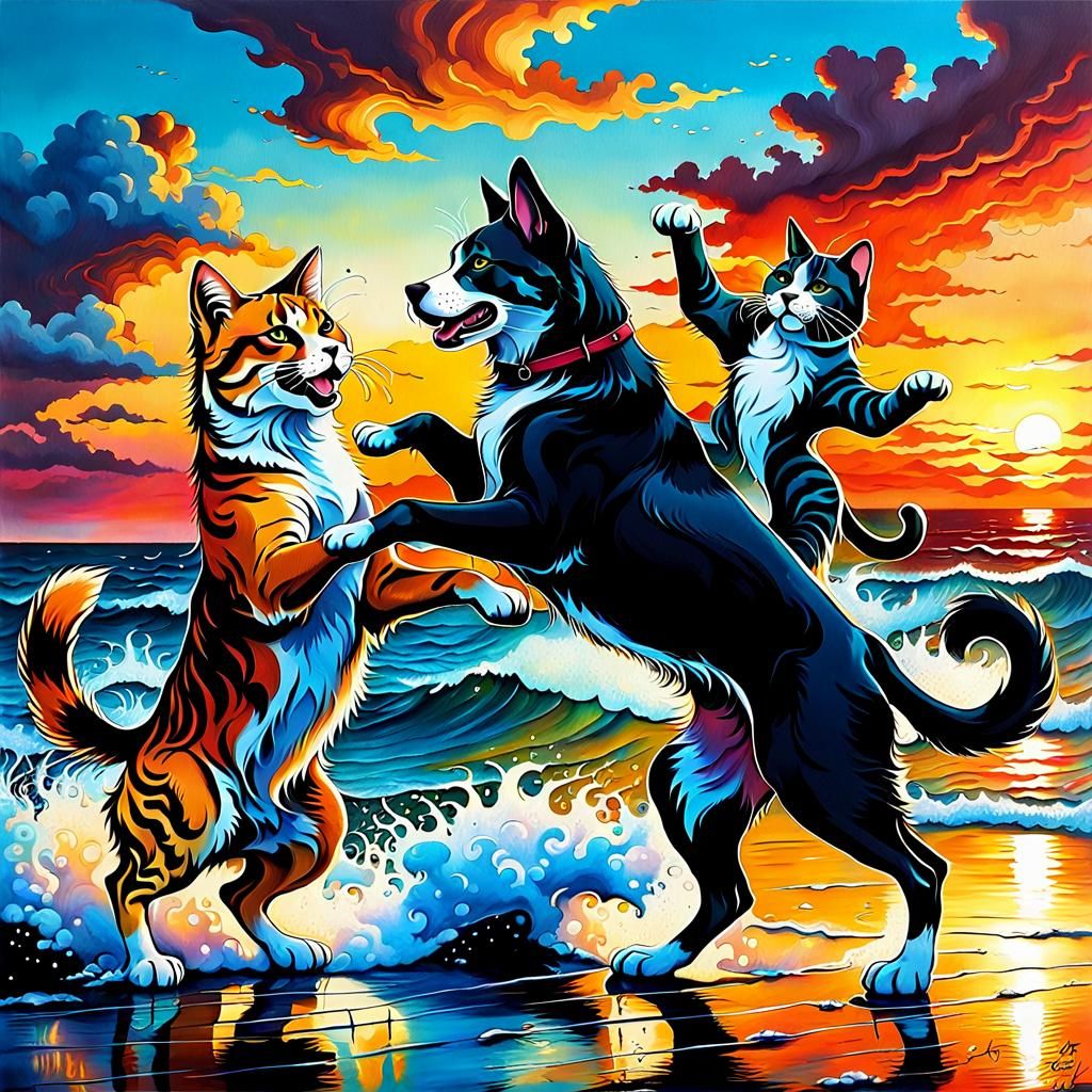 Dog and Cat Dancing on Beach at Sunset