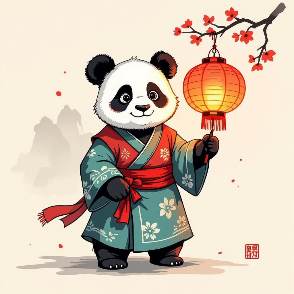 Panda Holding Red Lantern in Ink Style