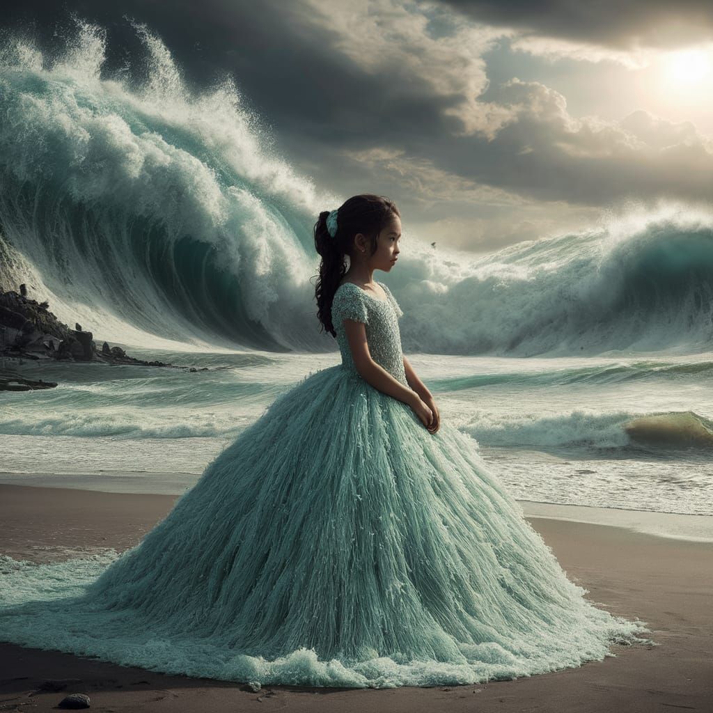 Girl in Sea Foam Dress Watches Tsunami