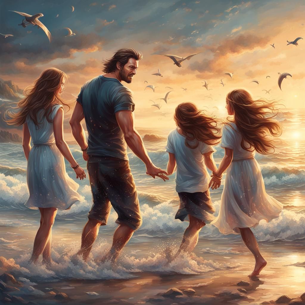 Happy Family at the Seashore in Hyperrealistic Style