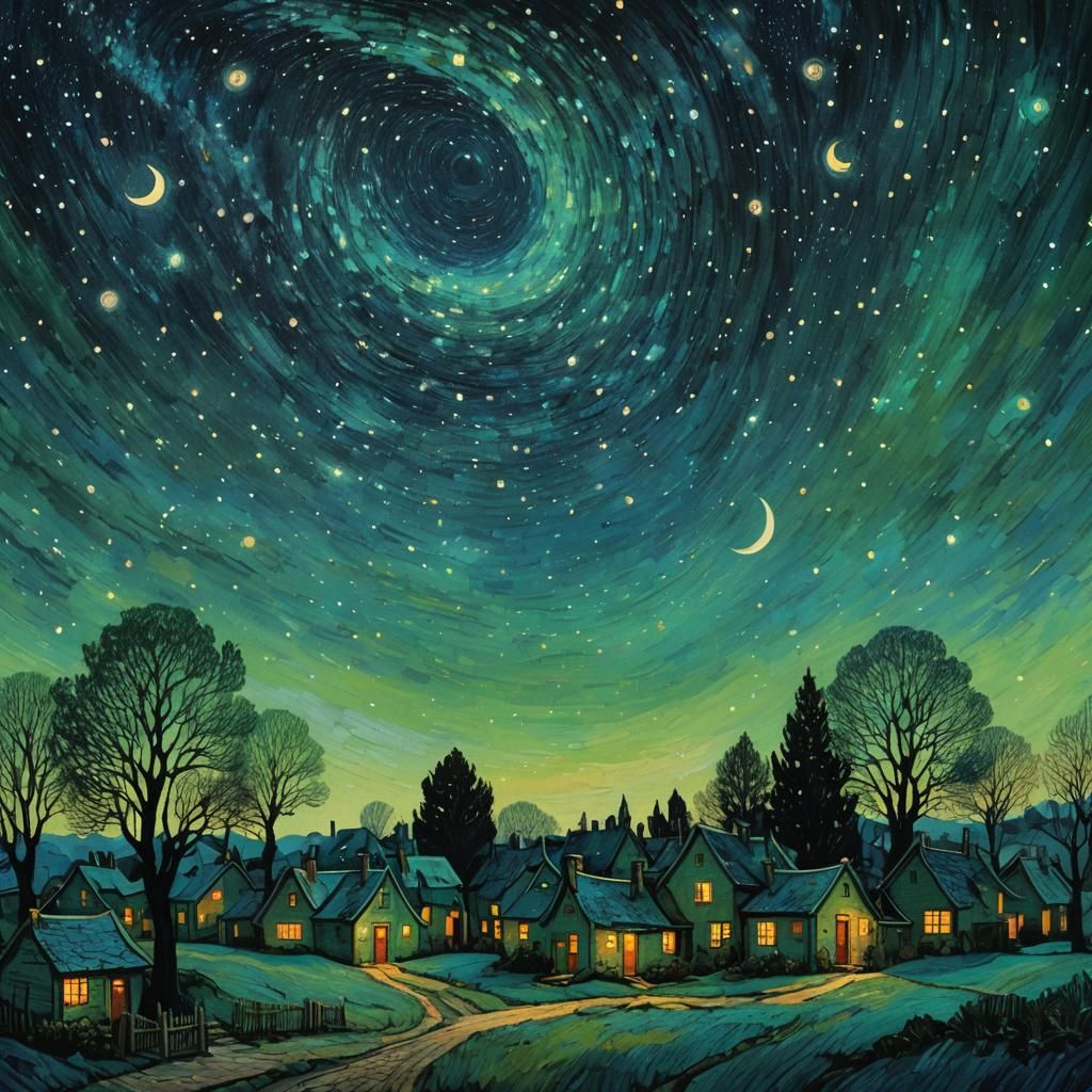 Surreal Starry Night Village as Abstract Expressionism