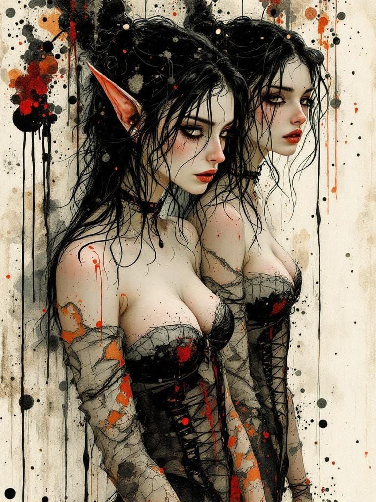 Ethereal Elven Women in Watercolor and Ink Wash Style