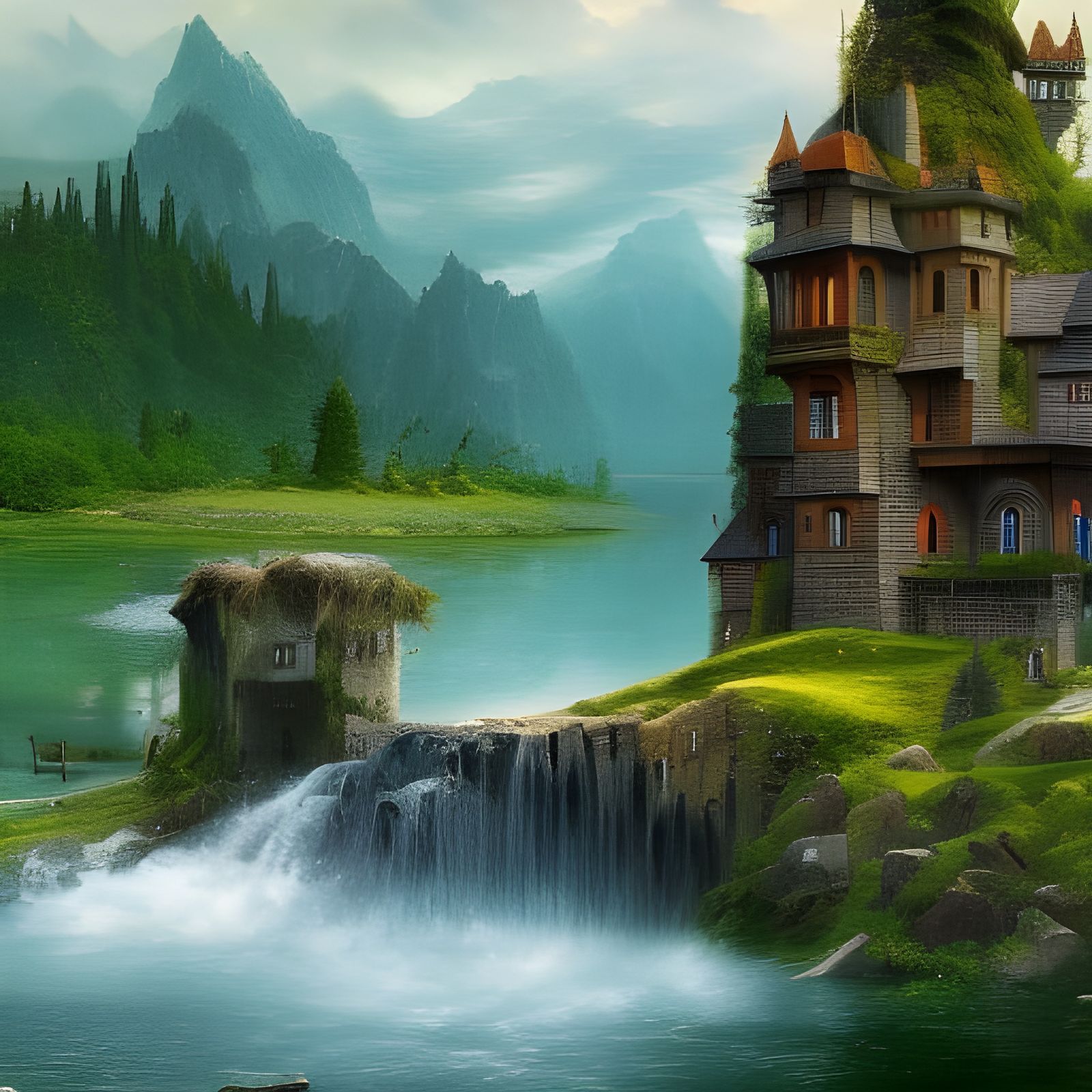 Dark Fantasy Castle with Waterfalls and Lake