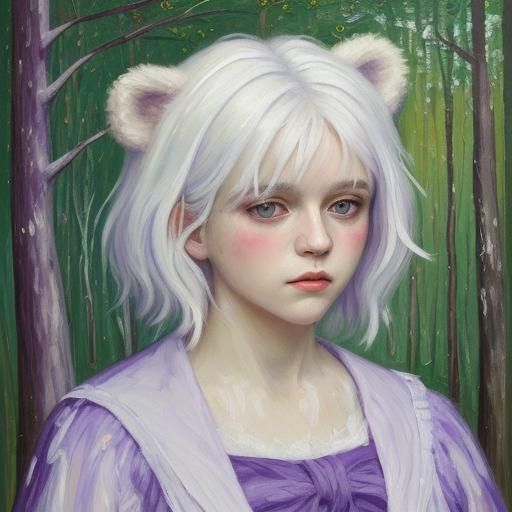 Girl with Bear in Forest Impasto Oil Painting