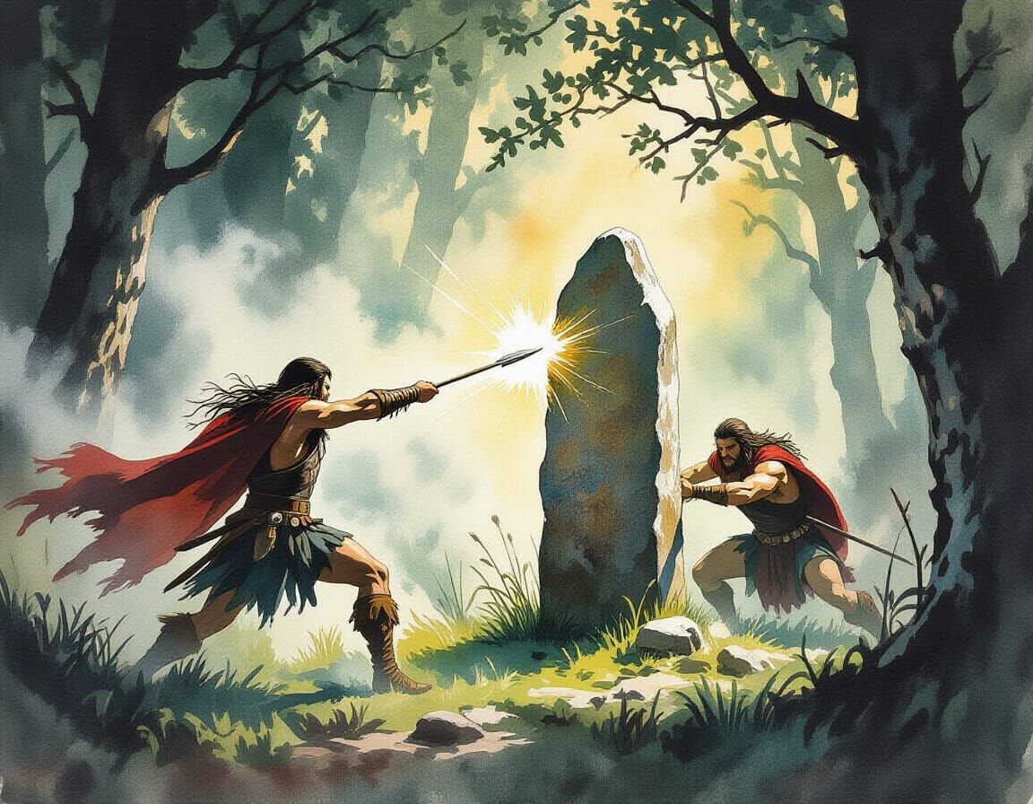 Celtic Warriors Battle by Ancient Standing Stone in Misty Fo...