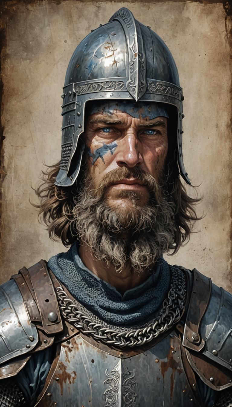 Weathered Knight with Sword in War-Torn Landscape