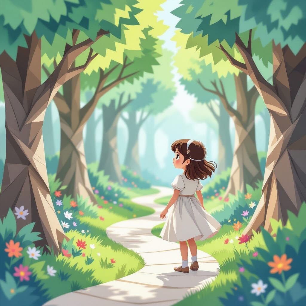 Girl Explores Magical Origami Forest