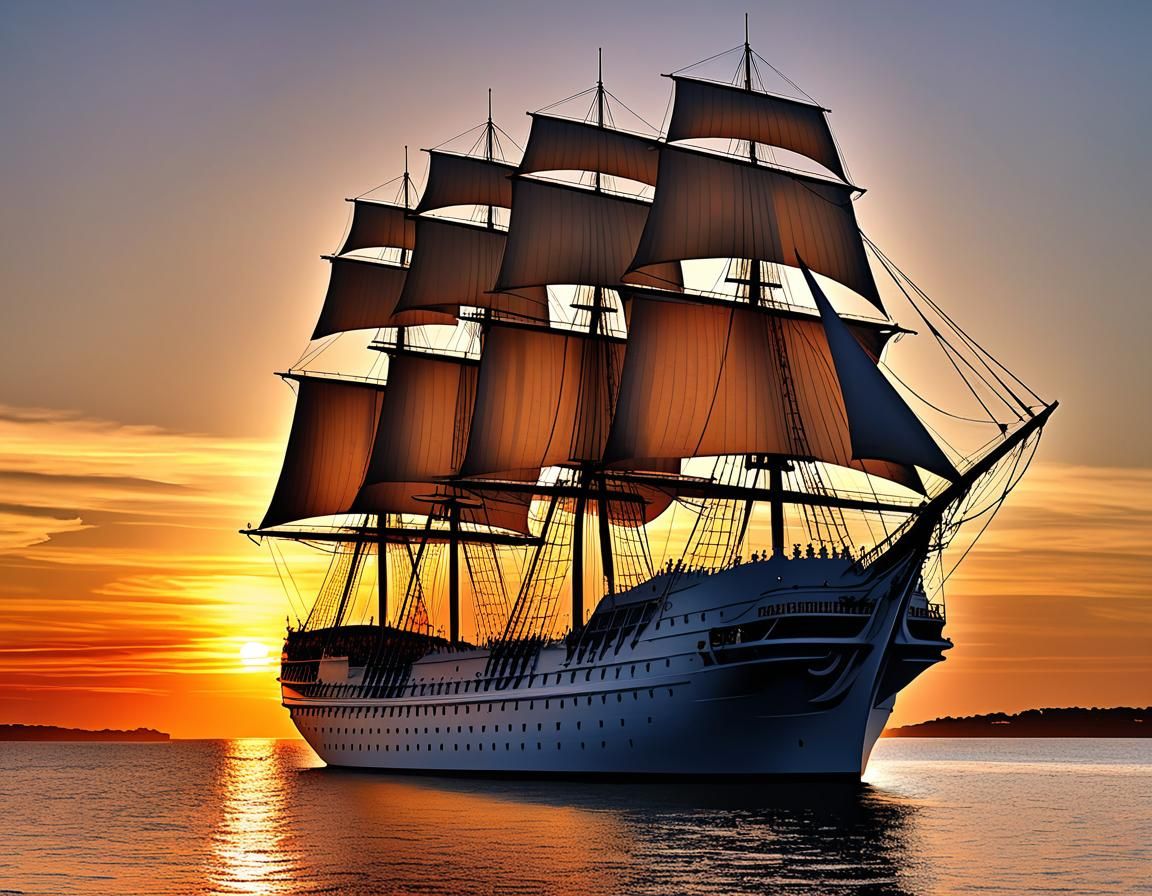 Three-Masted Ship at Sunset Painting
