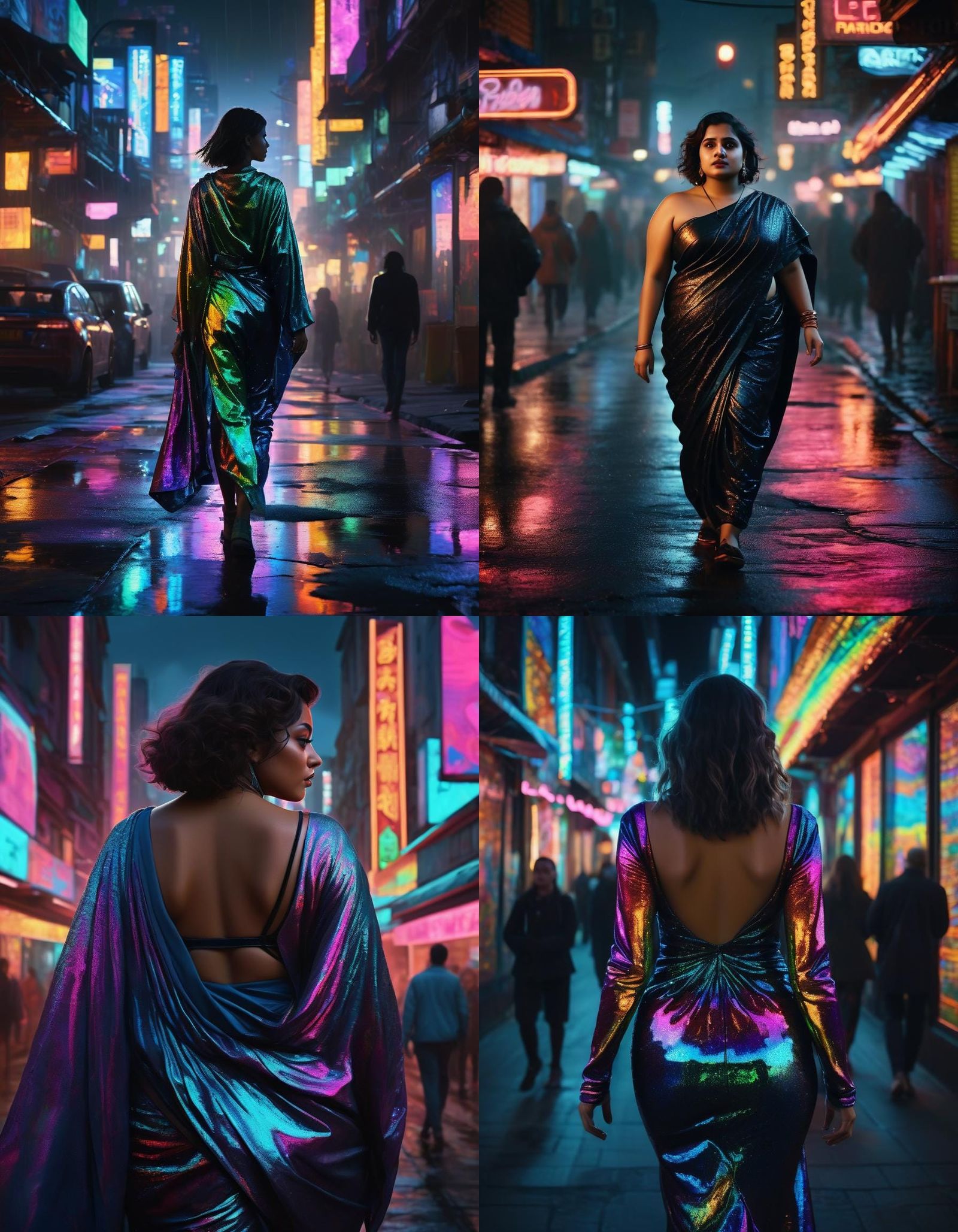Curvy Woman in Rainbow Saree Walking City at Night
