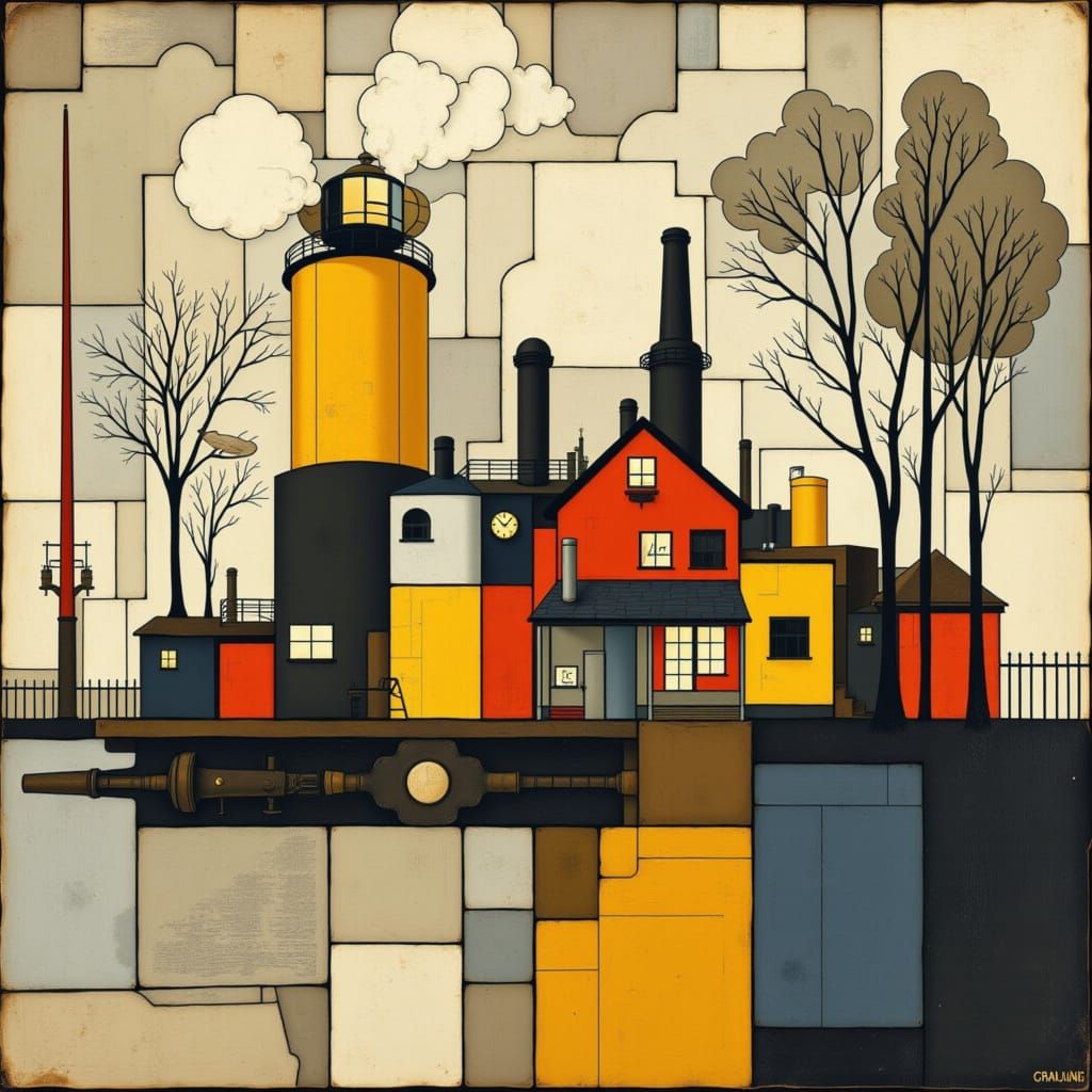 <lora:MONDRIAN FACTORY:1.0> Farmhouse under trees on a small...