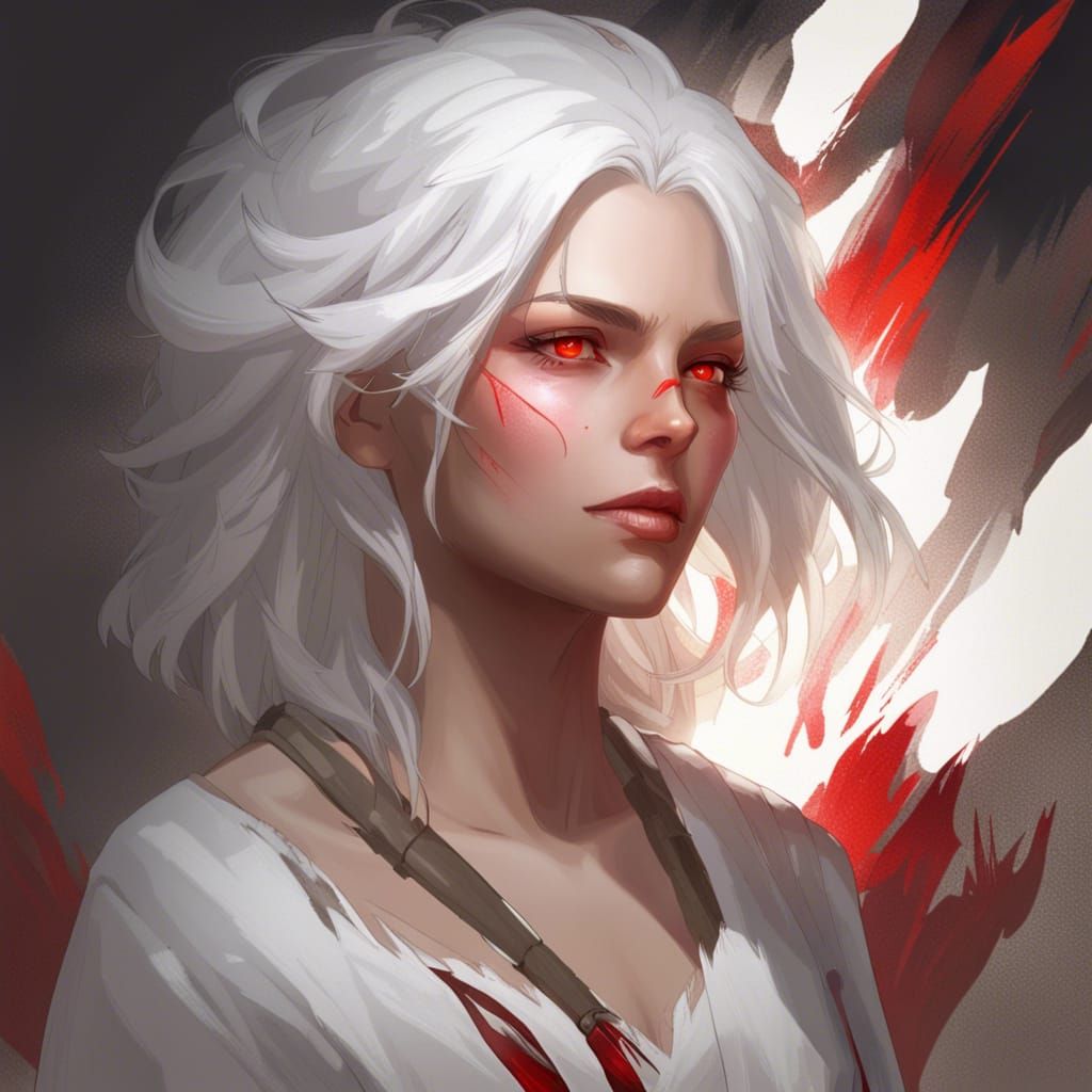 White-Haired Woman with Red Eyes, Hyperdetailed Portrait
