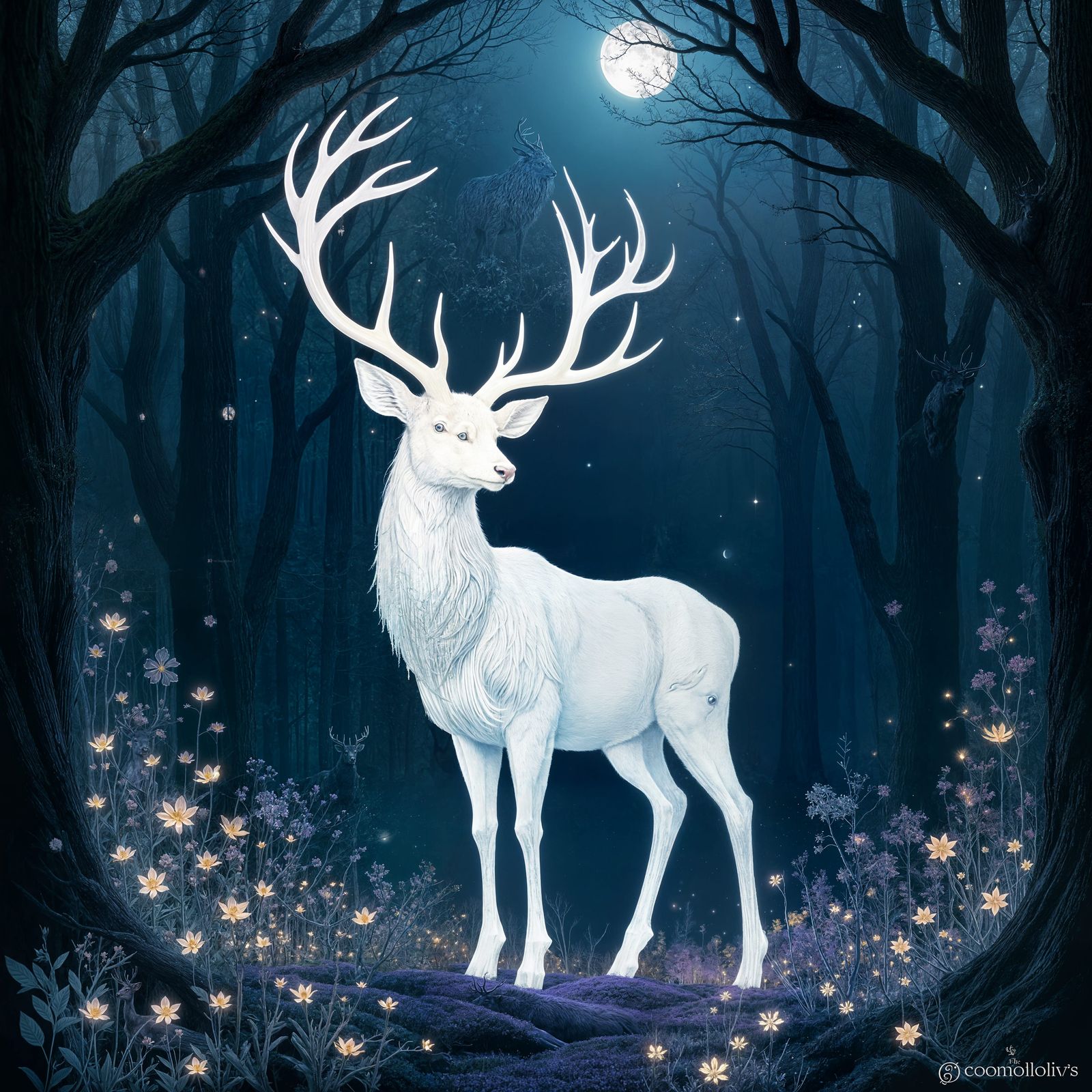 Stag with Starlight Antlers in Moonlit Forest