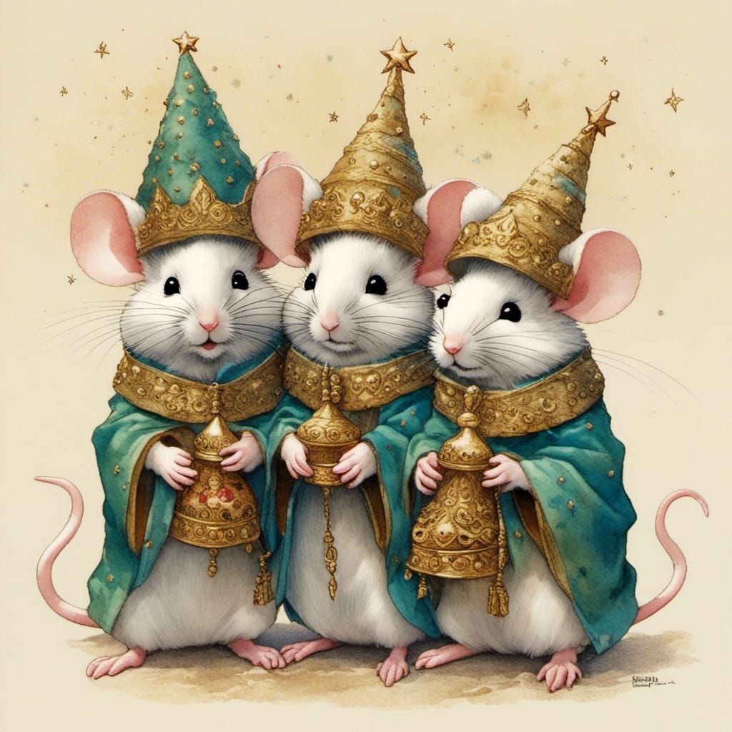 Cute three mice dressed as the three wise men going from house to house