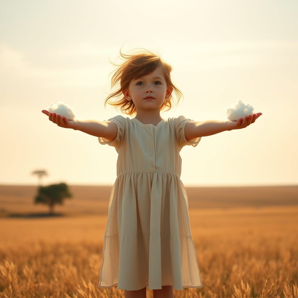 Girl Holds Clouds in Hands: Hyperrealistic Photo