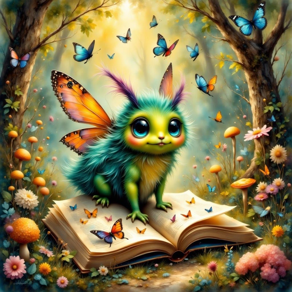 Cartoon Caterpillar's Enchanted Discovery in Magical Forest