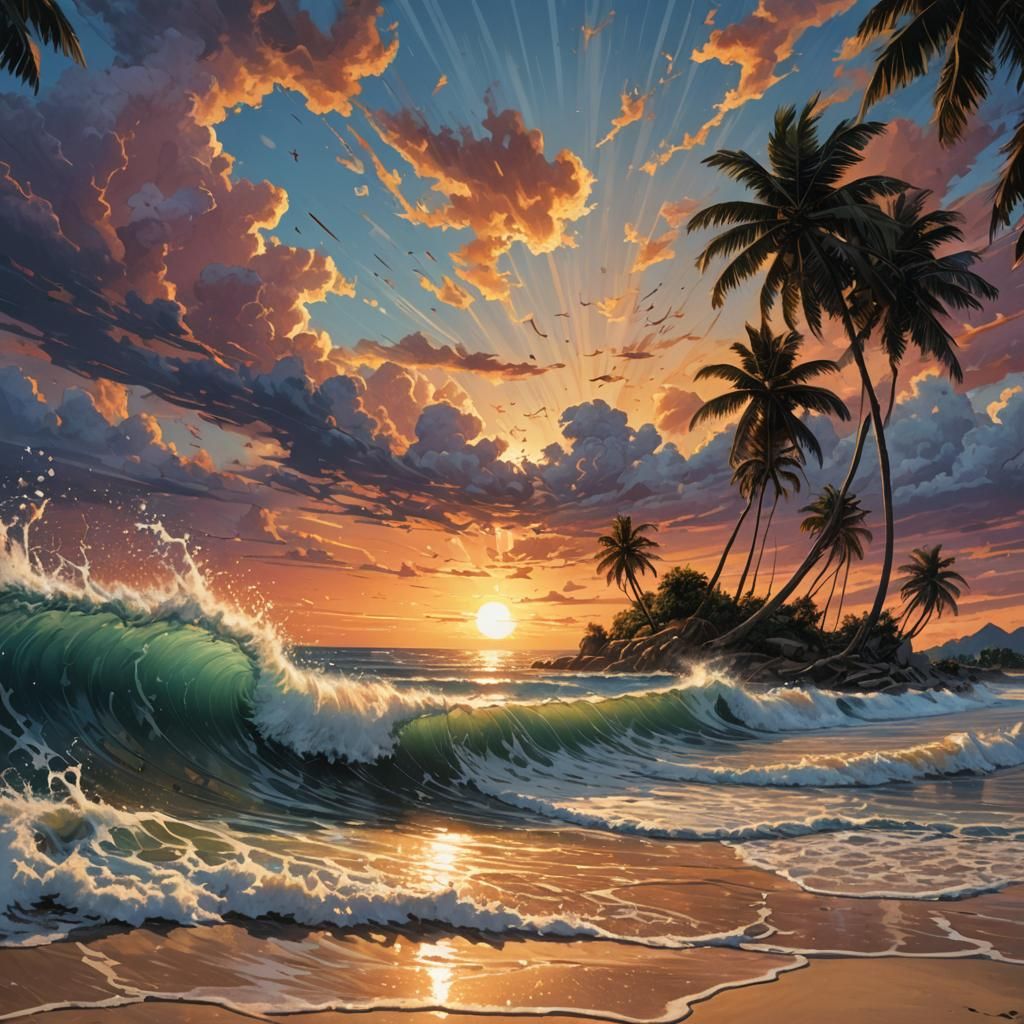 Masterpiece  sunset over a tropical beach Hyperrealistic, splash art, concept art, mid shot, intricately detailed, color...